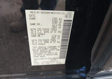 2015 Nissan Murano Platinum из США, поврежденный, VIN 5N1AZ2MH7FN262806